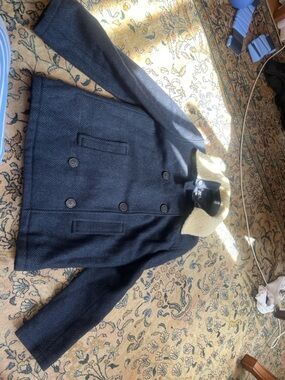 A.P.C. Navy Herringbone Wool Coat with Sherpa Collar